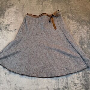Jaloux Herringbone Wool Blend Skirt Womens Small Brown Blue Ribbon Trim Lined